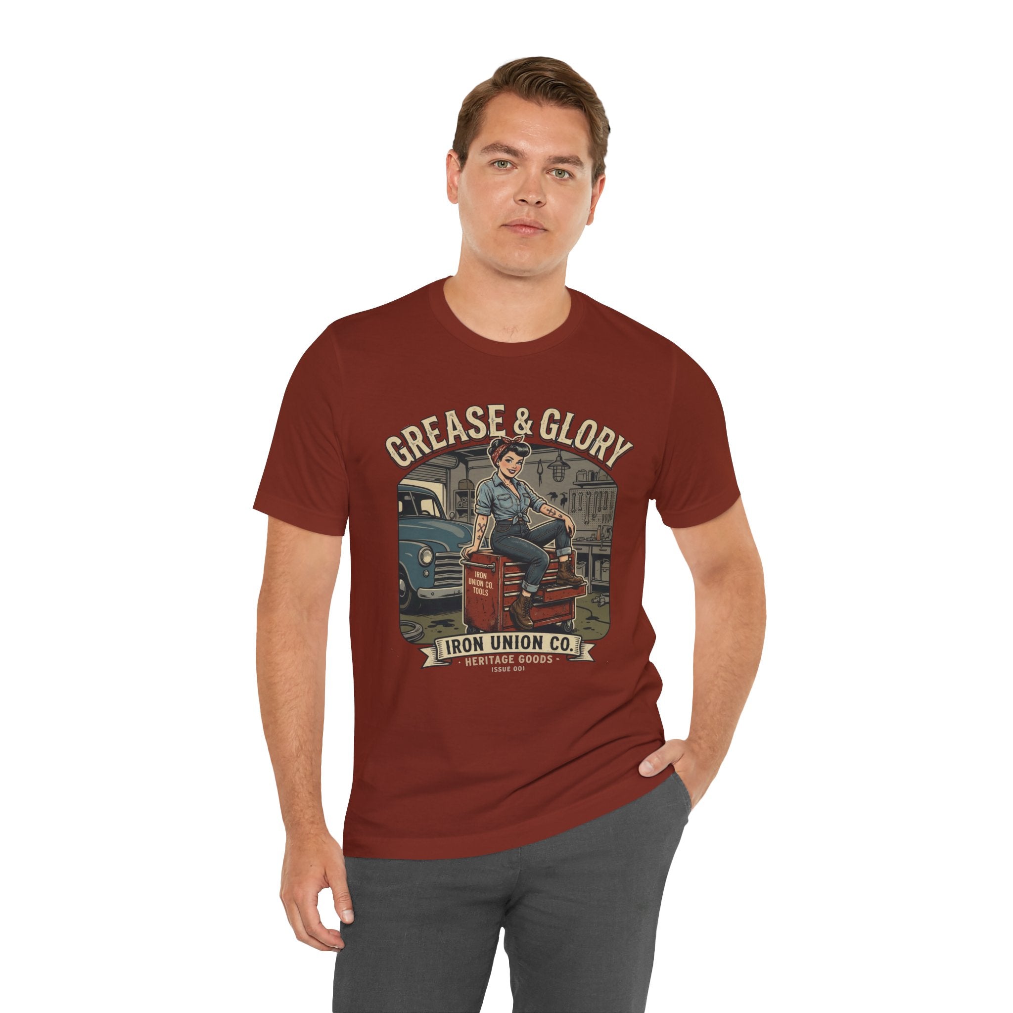 Grease & Glory Mechanic Pin-Up Vintage Graphic T-Shirt