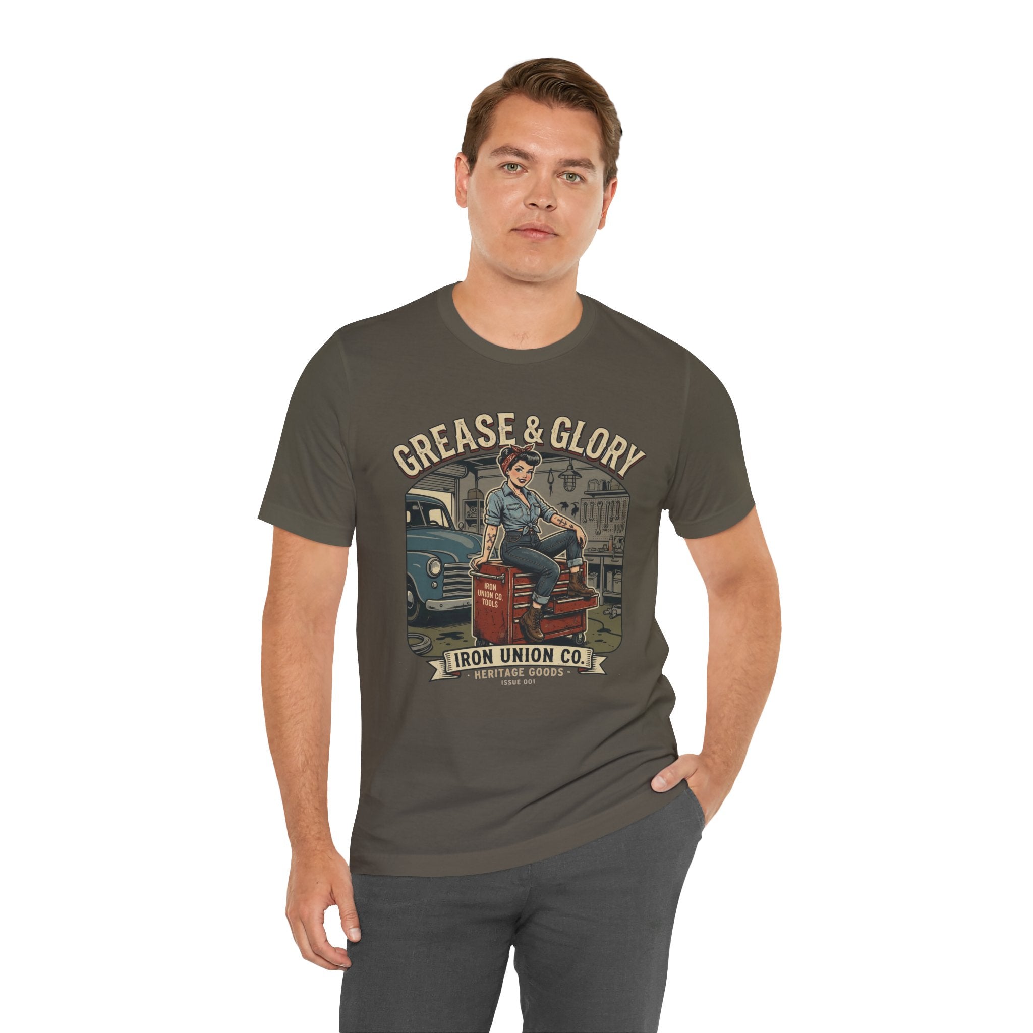 Grease & Glory Mechanic Pin-Up Vintage Graphic T-Shirt