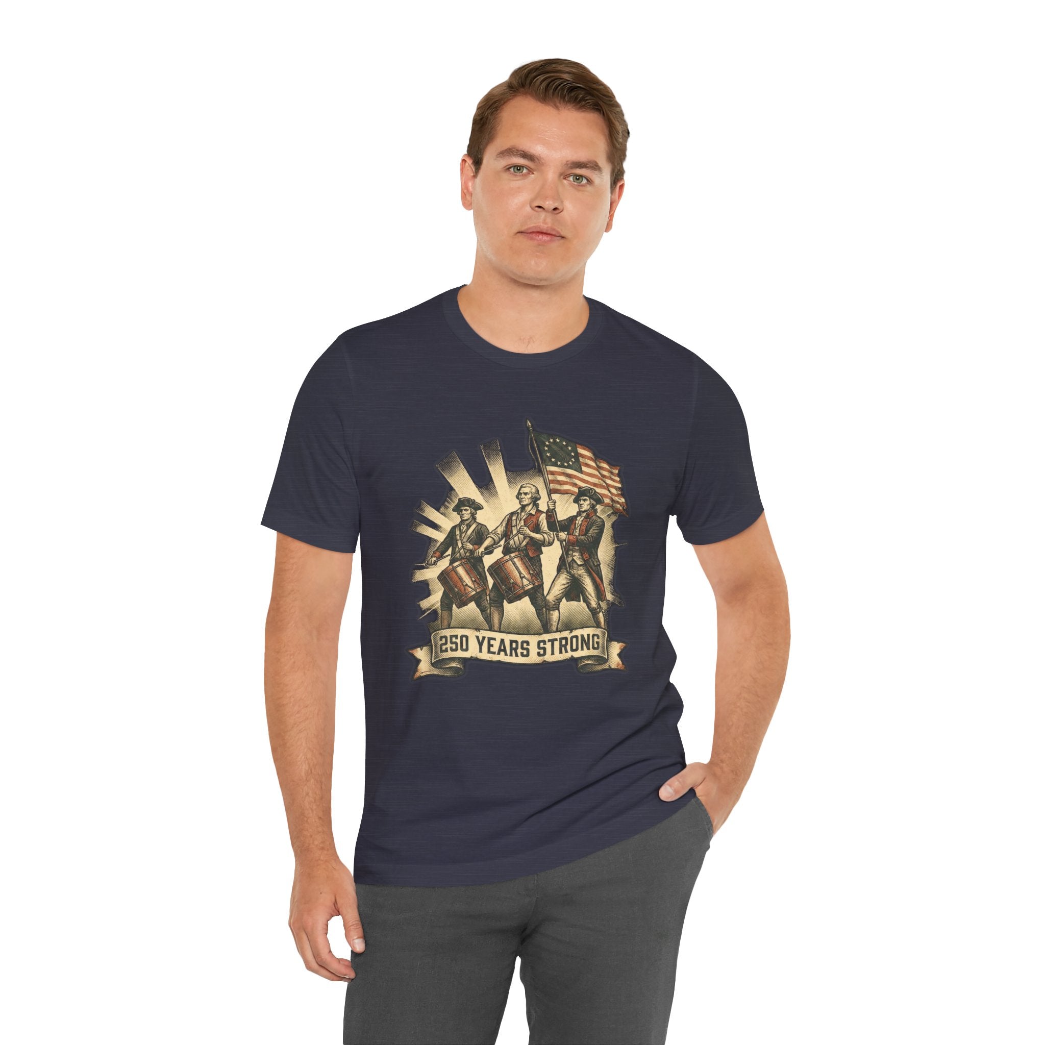 250 Years Strong Revolutionary Drummers with American Flag Patriotic T-Shirt