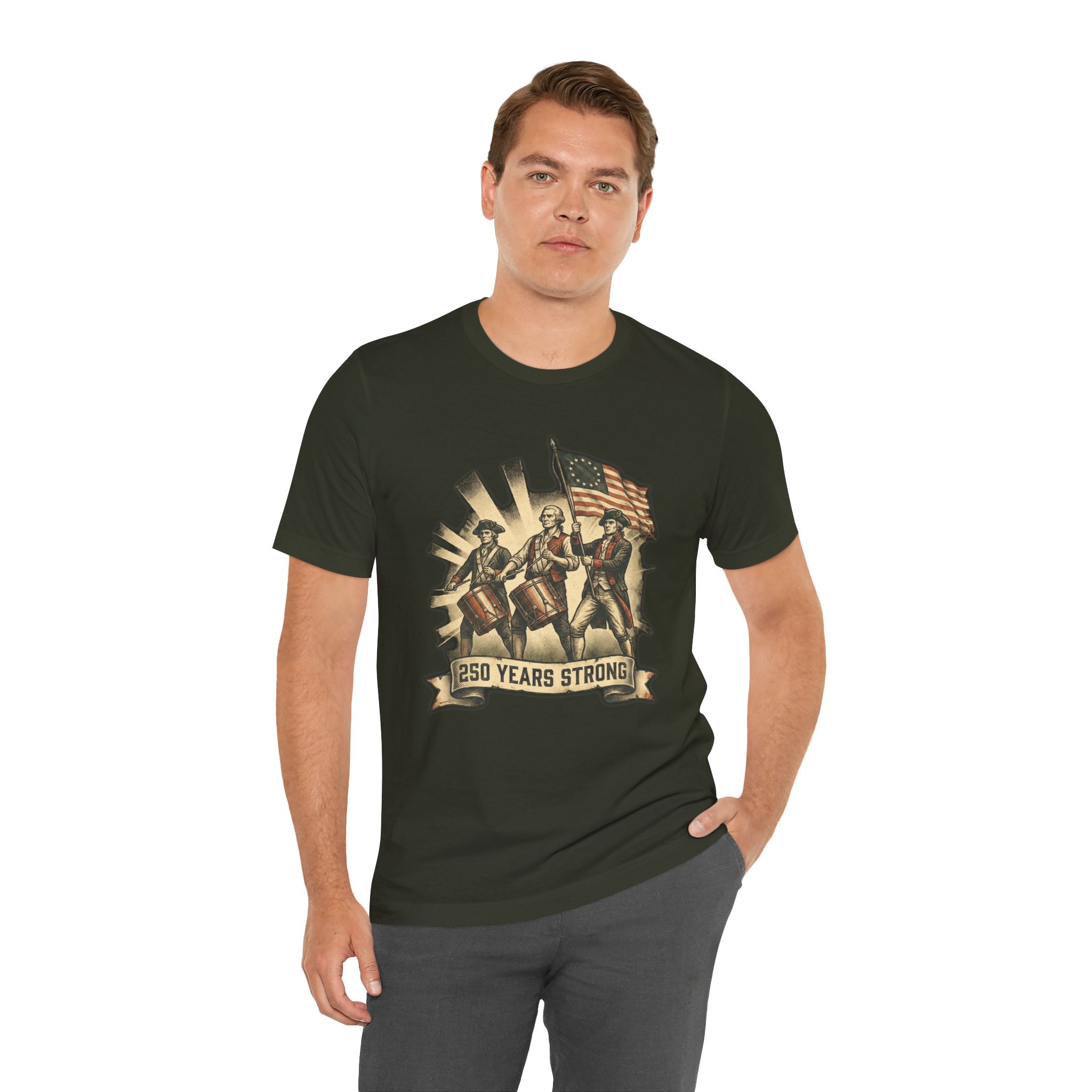 250 Years Strong Revolutionary Drummers with American Flag Patriotic T-Shirt
