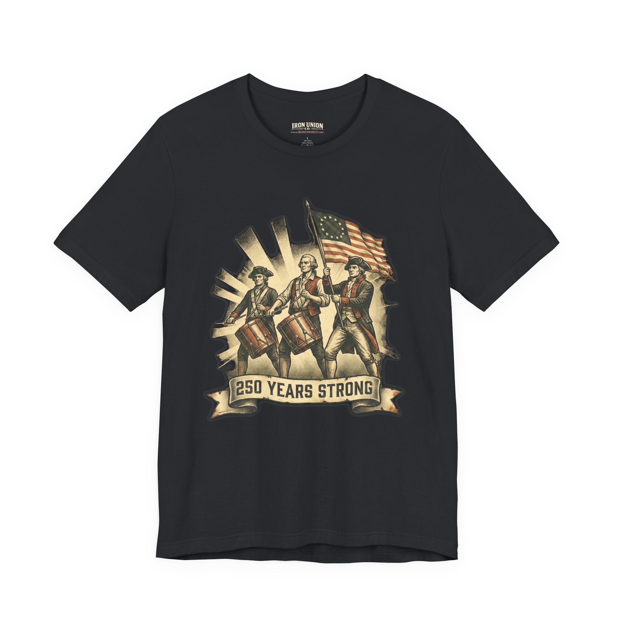 250 Years Strong Revolutionary Drummers with American Flag Patriotic T-Shirt