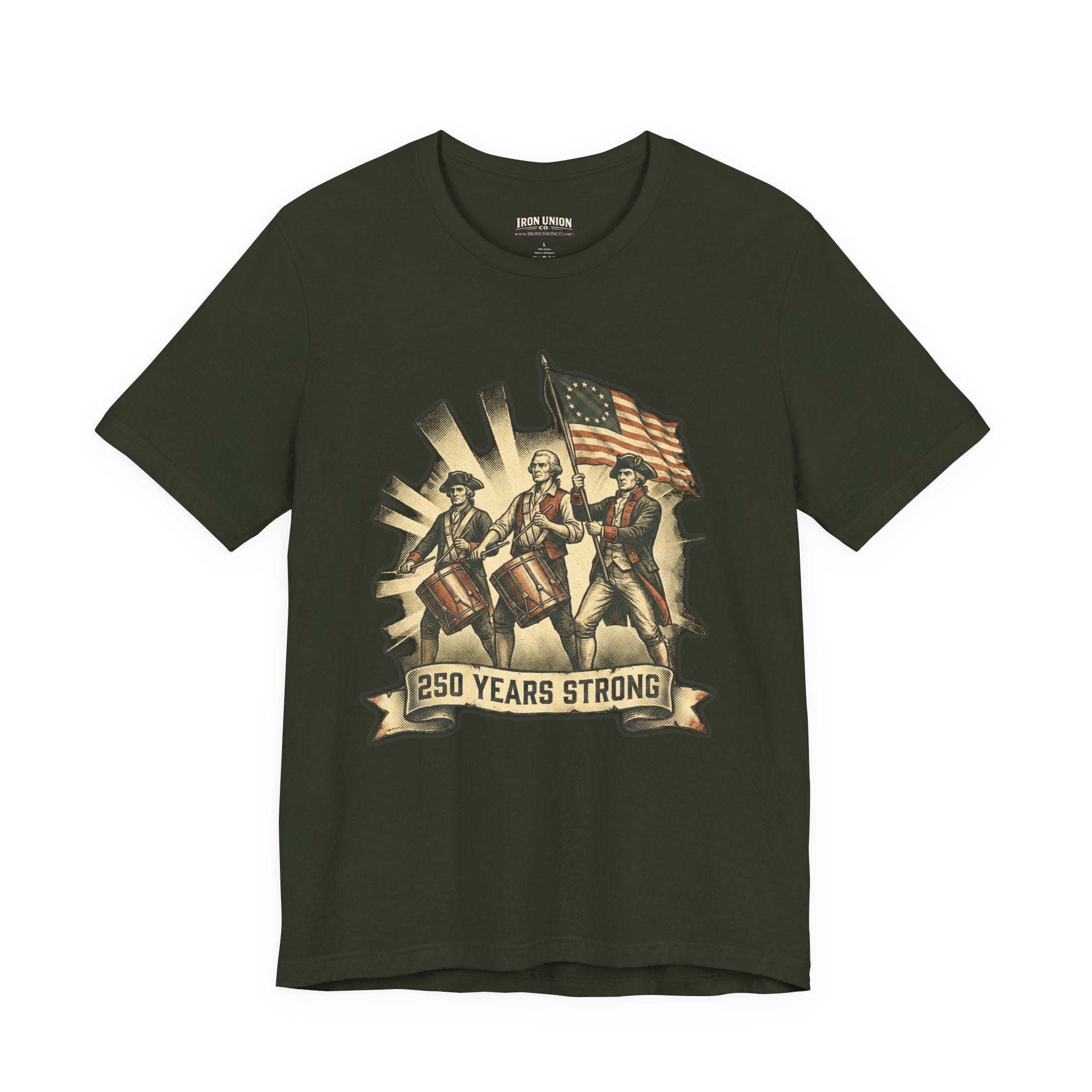 250 Years Strong Revolutionary Drummers with American Flag Patriotic T-Shirt