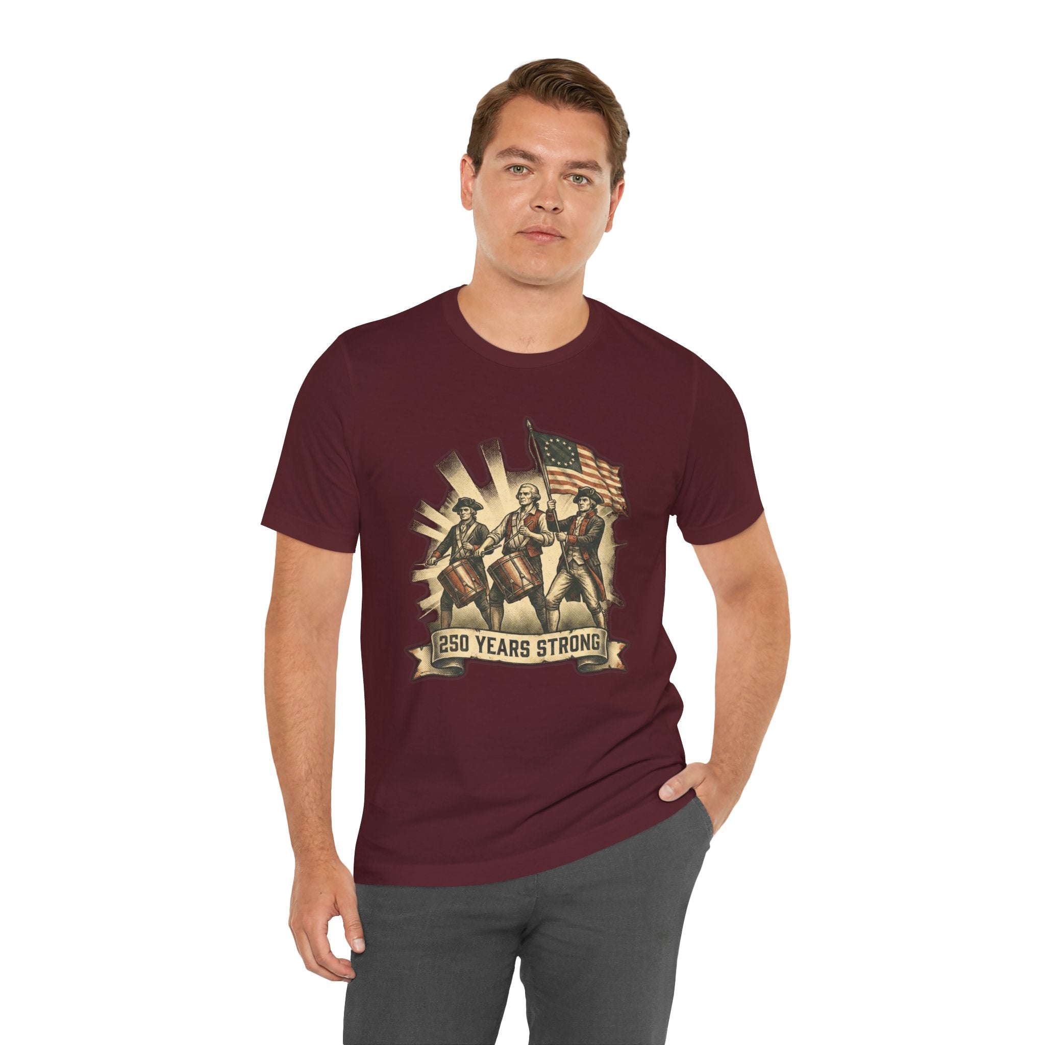250 Years Strong Revolutionary Drummers with American Flag Patriotic T-Shirt
