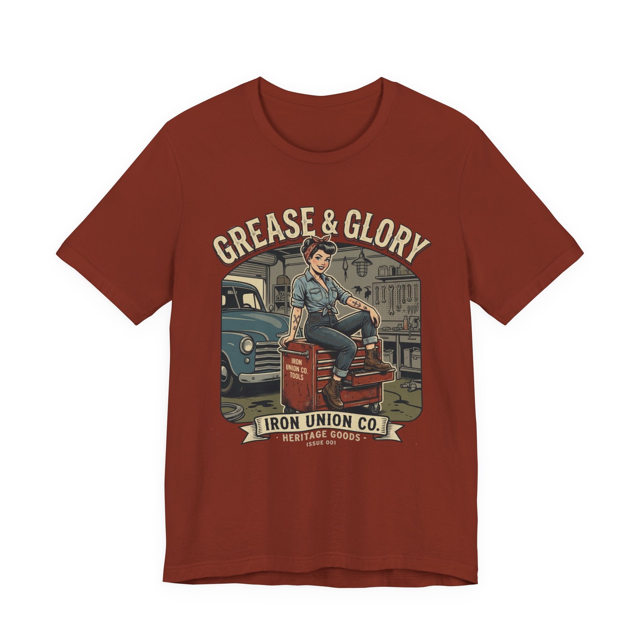 Grease & Glory Mechanic Pin-Up Vintage Graphic T-Shirt