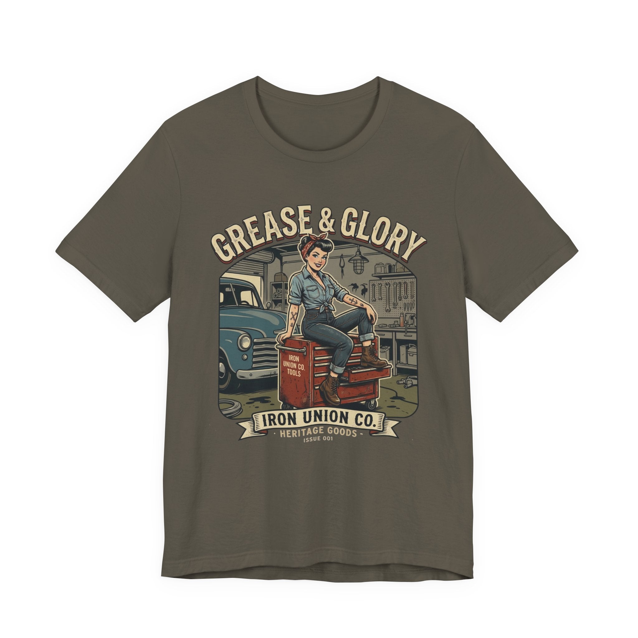 Grease & Glory Mechanic Pin-Up Vintage Graphic T-Shirt