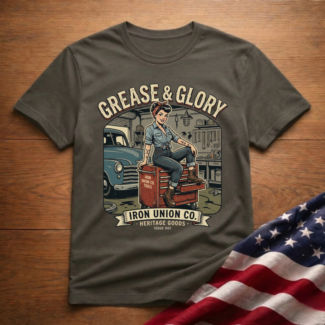 Grease & Glory Mechanic Pin-Up Vintage Graphic T-Shirt