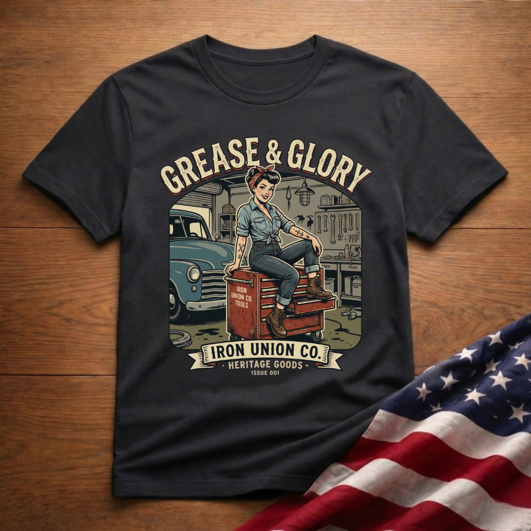 Grease & Glory Mechanic Pin-Up Vintage Graphic T-Shirt