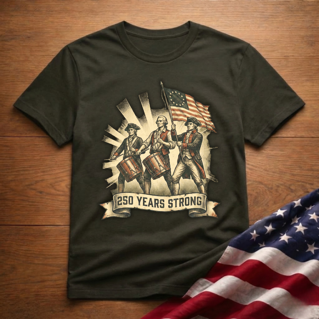 250 Years Strong Revolutionary Drummers with American Flag Patriotic T-Shirt