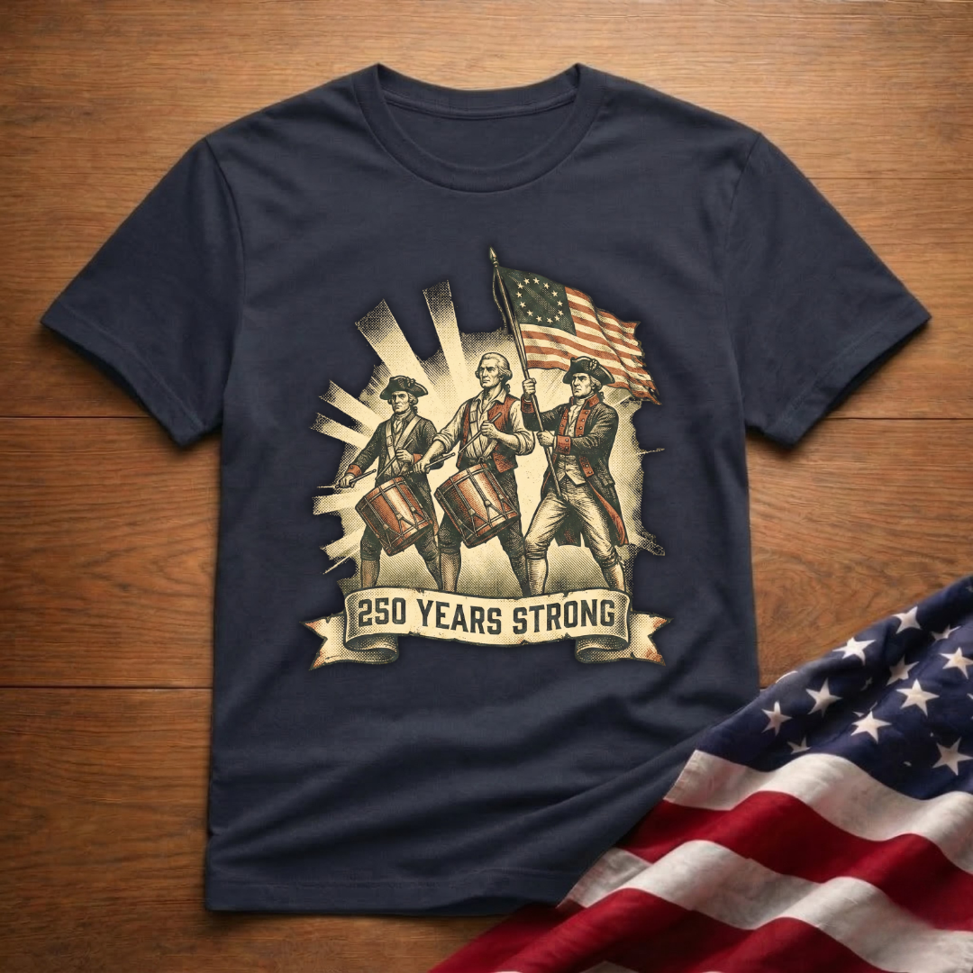 250 Years Strong Revolutionary Drummers with American Flag Patriotic T-Shirt