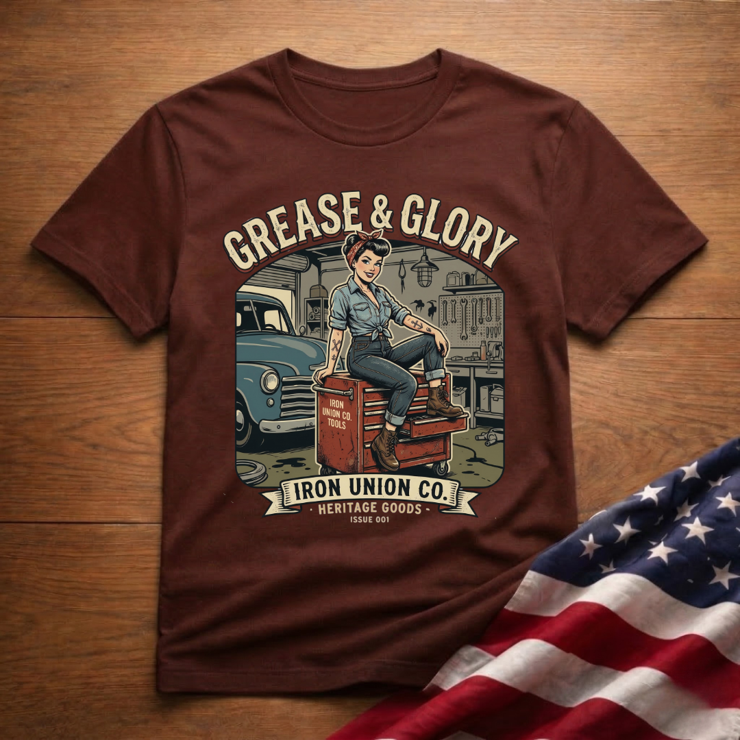 Grease & Glory Mechanic Pin-Up Vintage Graphic T-Shirt